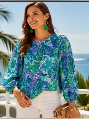 Lilly Pulitzer Lynnley Long Sleeve Top Botanical Green | Resort Chic Blouse
